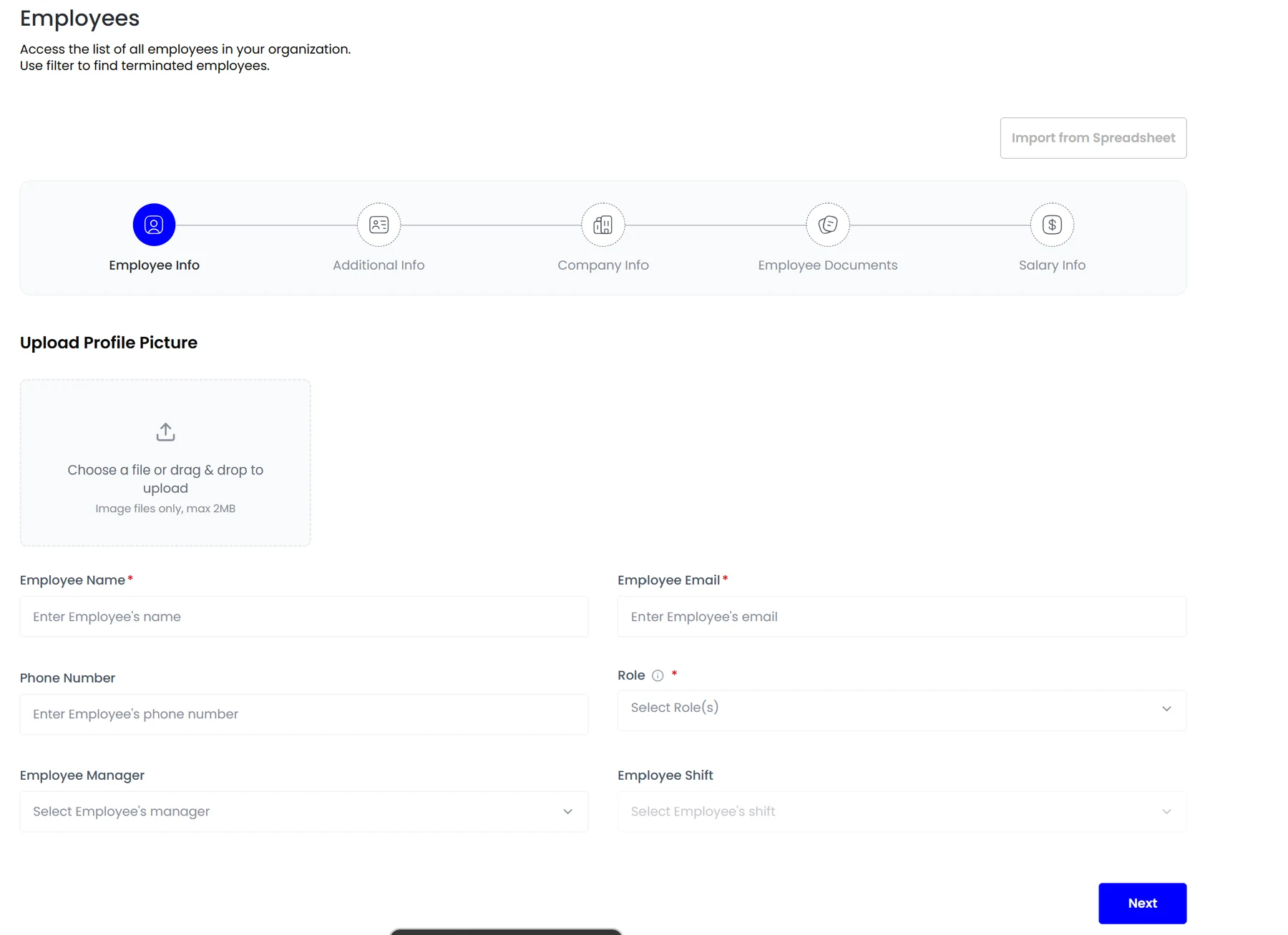 The Teamio add-employee wizard, stepping through employee info, company info, documents and salary