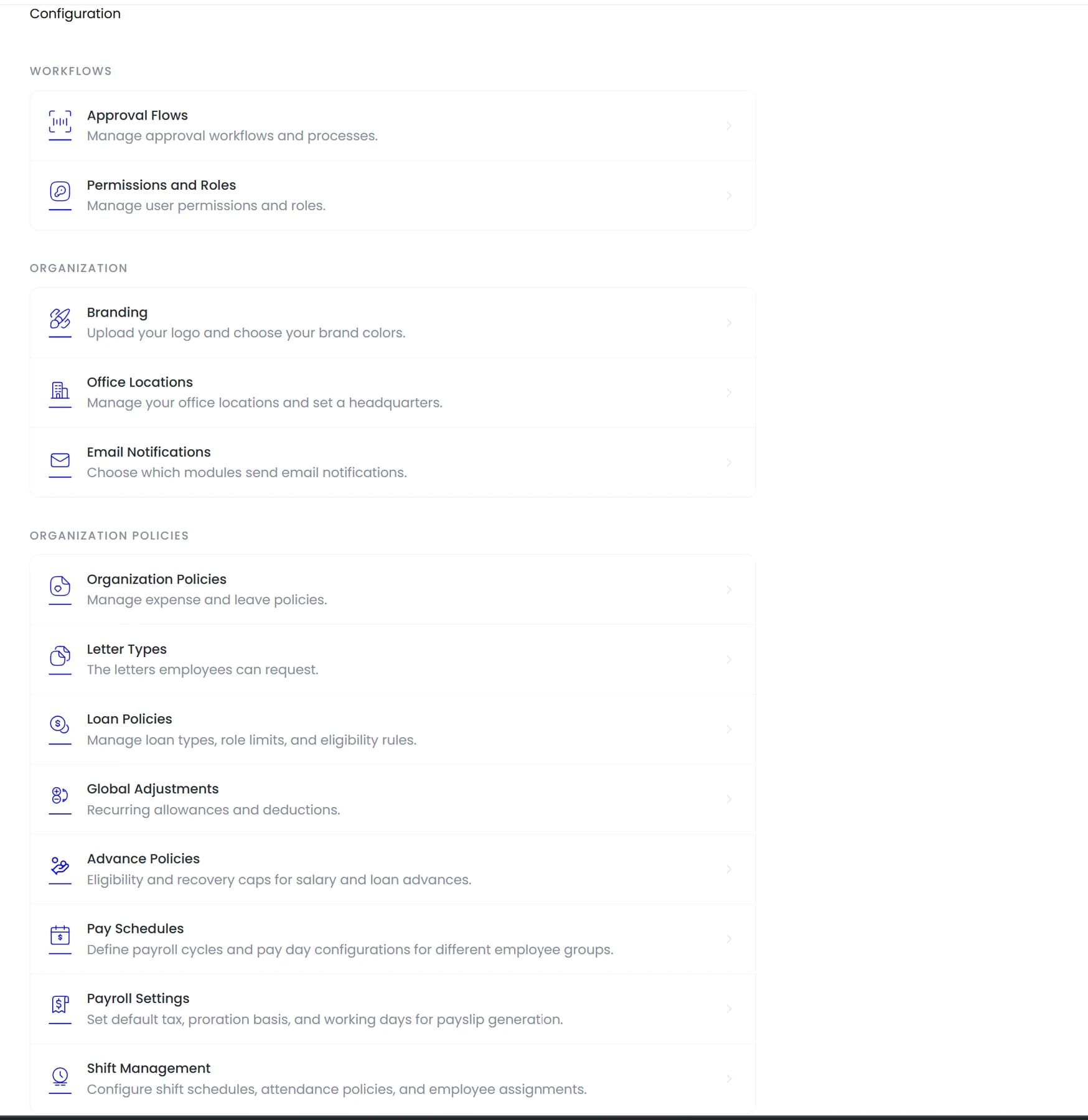 Teamio configuration showing approval flows, permissions and roles, and organisation policies