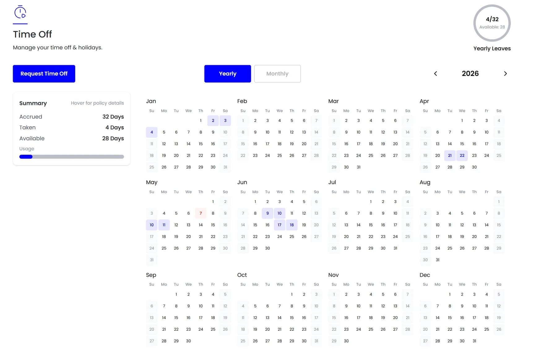 A full year leave calendar with accrued, taken and available balances