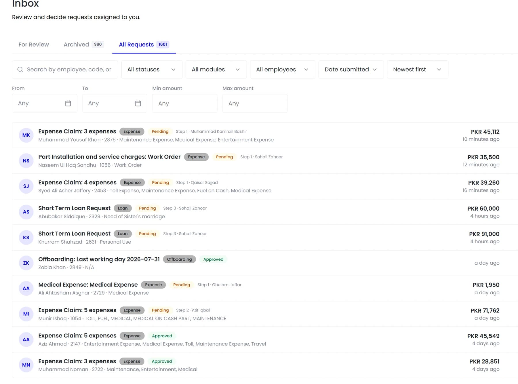 An approvals inbox showing expense, loan and offboarding requests with their current step
