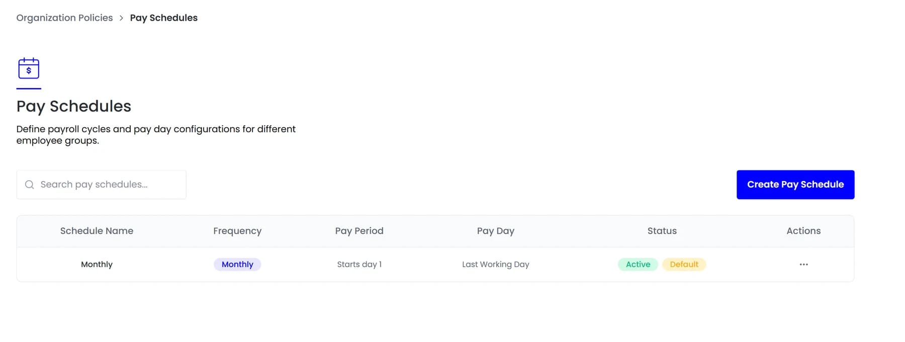 Pay schedule configuration showing frequency, pay period start and pay day