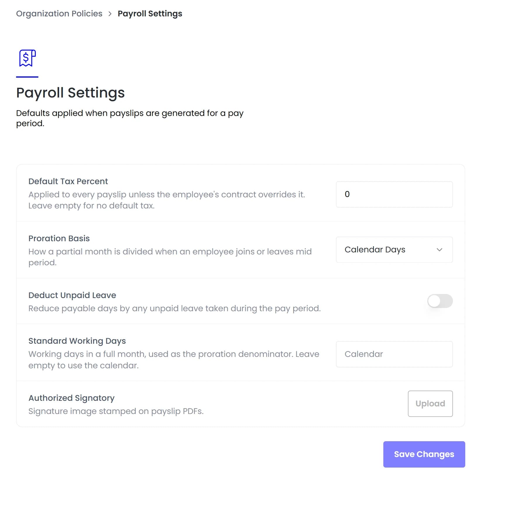 Payroll settings for default tax percent, proration basis, unpaid leave and standard working days