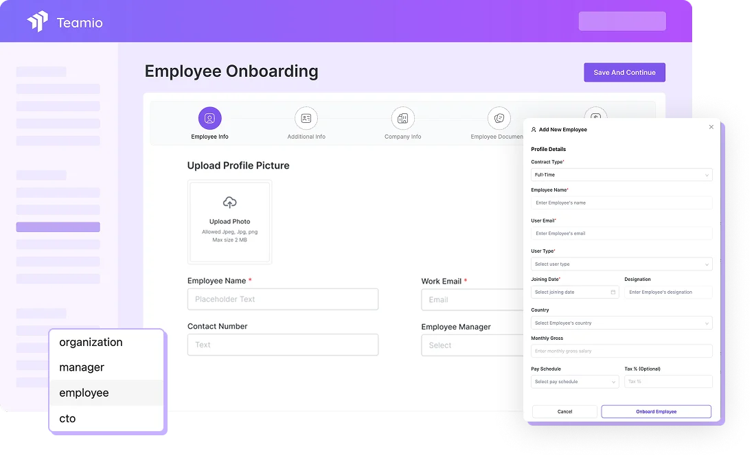 Teamio employee onboarding screen